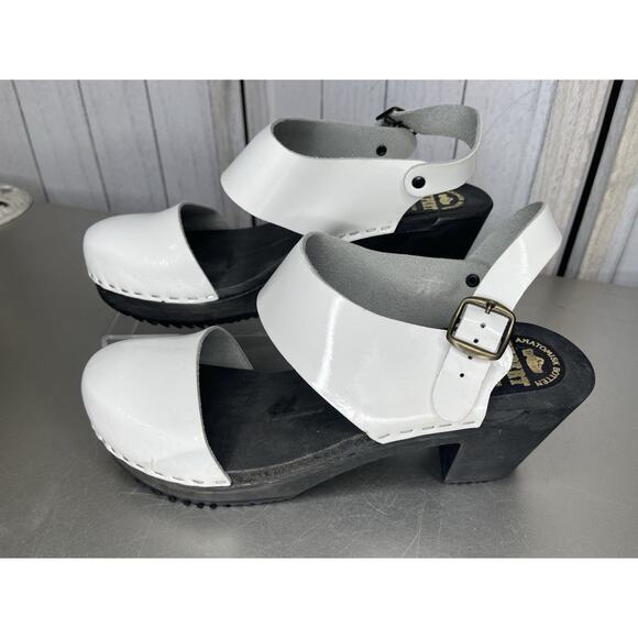 Swedish Clogs Expert Anatomisk Botten Patent White Leather Black Heels 40 US 9.5 - Picture 1 of 6